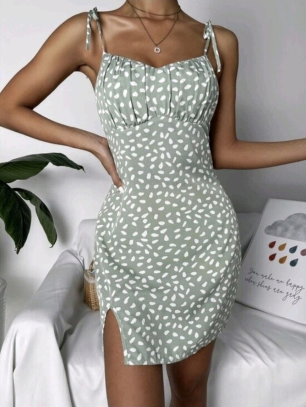 SHEIN Green Cottagecore Polka Dot Print Tie-Strap Runched Cami Mini Dress Slit